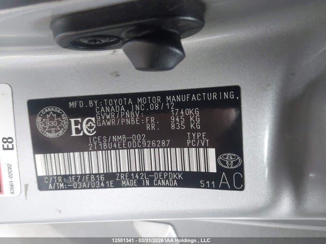 12581341 :رقم المزاد ، 2T1BU4EE0DC926287 vin ، 2013 Toyota Corolla Ce مزاد بيع