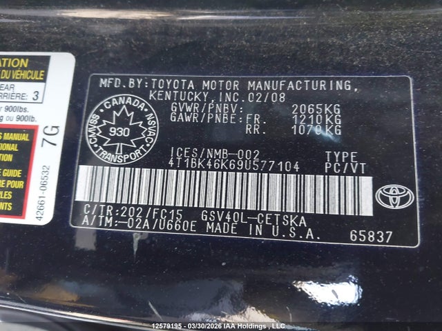 12579195 :رقم المزاد ، 4T1BK46K69U577104 vin ، 2009 Toyota Camry Se V6 مزاد بيع