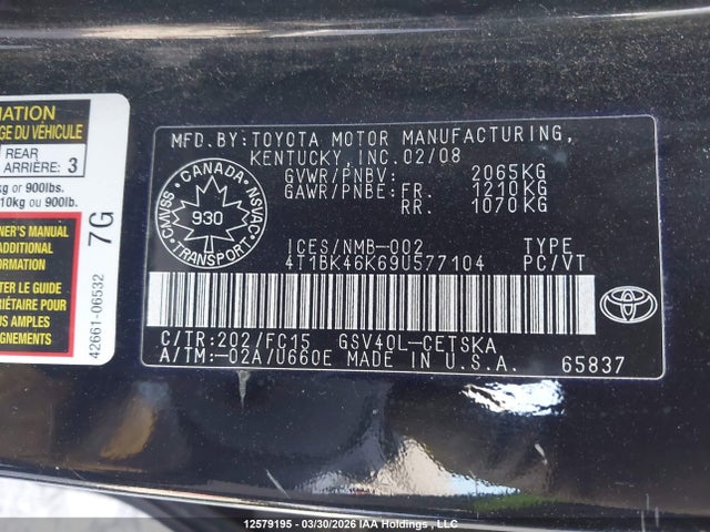 12579195 :رقم المزاد ، 4T1BK46K69U577104 vin ، 2009 Toyota Camry Se V6 مزاد بيع