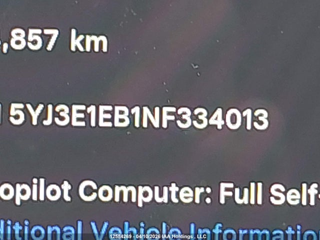 5YJ3E1EB1NF334013 Tesla Model 3 Long Range