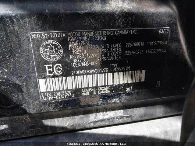 Продаж на аукціоні авто 2019 Toyota Rav4 Limited, vin: 2T3DWRFV3KW001276, номер лоту: 12584272