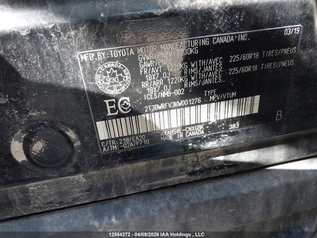 Продаж на аукціоні авто 2019 Toyota Rav4 Limited, vin: 2T3DWRFV3KW001276, номер лоту: 12584272