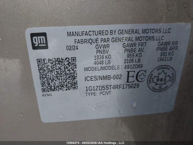 Aukcja sprzedaży 2024 Chevrolet Malibu Lt, vin: 1G1ZD5ST4RF175029, numer aukcji: 12584274
