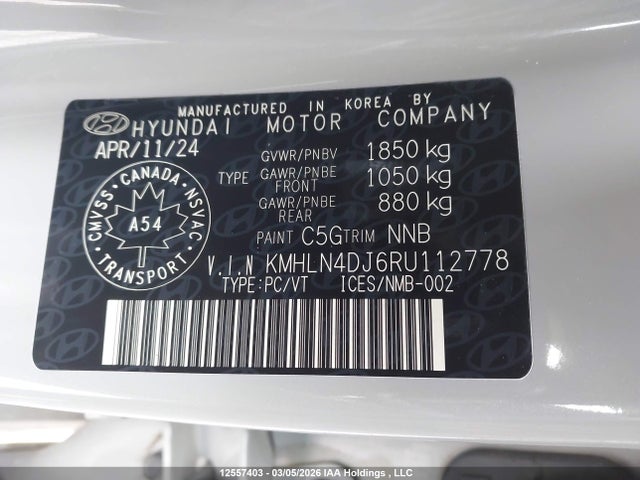12557403 :رقم المزاد ، KMHLN4DJ6RU112778 vin ، 2024 Hyundai Elantra Hybrid Luxury مزاد بيع