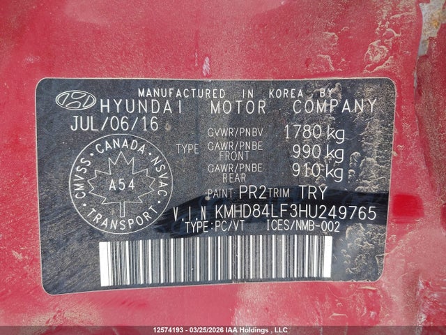 KMHD84LF3HU249765 Hyundai Elantra Gls