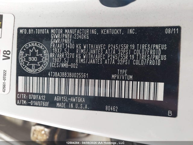 2011 Toyota Venza მანქანა იყიდება აუქციონზე, vin: 4T3BA3BB3BU025561, აუქციონის ნომერი: 12584284