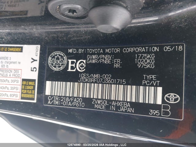 JTDKBRFU7J3601715 Toyota Prius