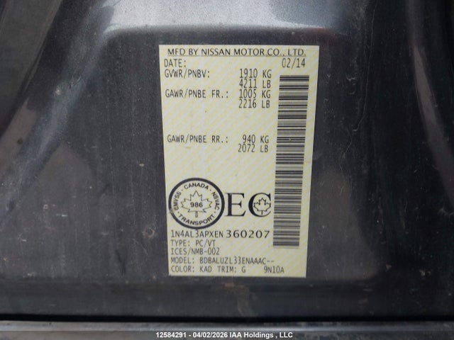1N4AL3APXEN360207 Nissan Altima 2.5/2.5 S/2.5 Sl/2.5 Sv