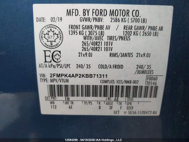 2FMPK4AP2KBB71311 Ford Edge