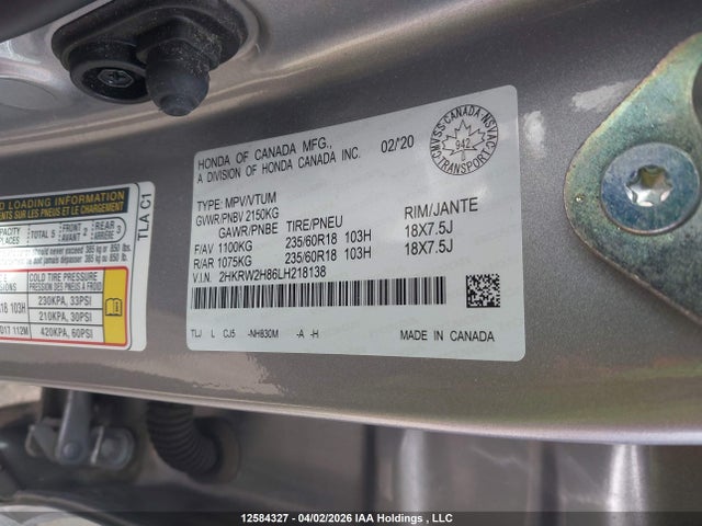 2HKRW2H86LH218138 Honda Cr-v Ex-l