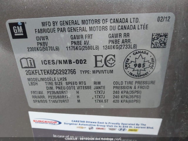12584328 :رقم المزاد ، 2GKFLTEK6C6292766 vin ، 2012 Gmc Terrain Sle-2 مزاد بيع