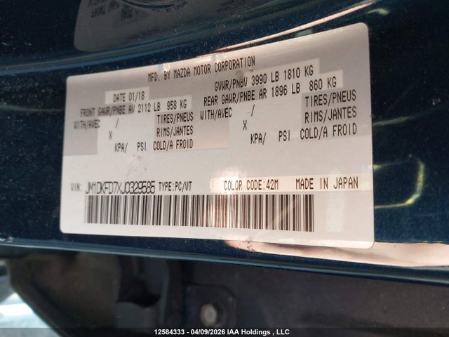 Aukcja sprzedaży 2018 Mazda Cx-3 Gt, vin: JM1DKFD7XJ0329585, numer aukcji: 12584333
