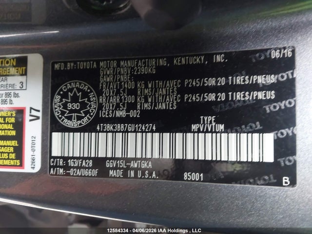 2016 Toyota Venza Xle მანქანა იყიდება აუქციონზე, vin: 4T3BK3BB7GU124274, აუქციონის ნომერი: 12584334