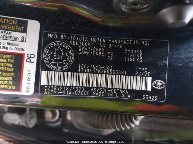 12584335 :رقم المزاد ، 4T1BF1FK8GU565584 vin ، 2016 Toyota Camry Le مزاد بيع