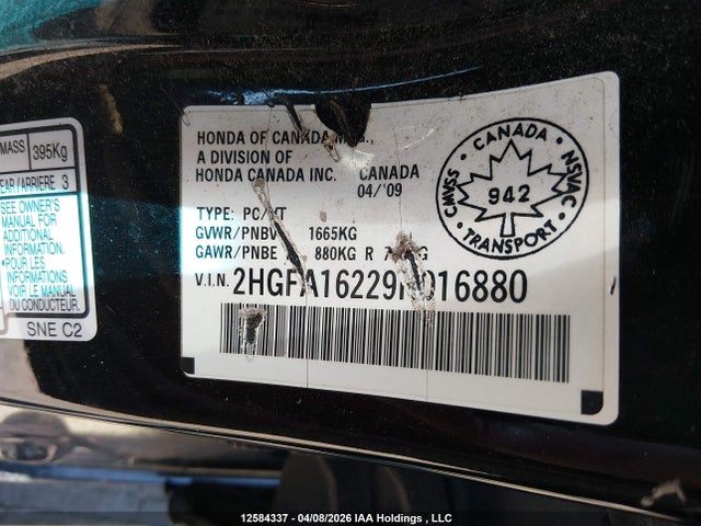 Aukcja sprzedaży 2009 Honda Civic Dx/dx-a, vin: 2HGFA16229H016880, numer aukcji: 12584337