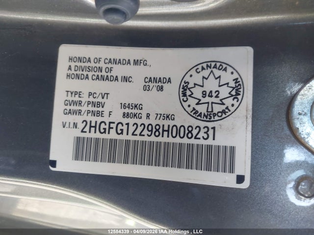 2008 Honda Civic Dx მანქანა იყიდება აუქციონზე, vin: 2HGFG12298H008231, აუქციონის ნომერი: 12584339