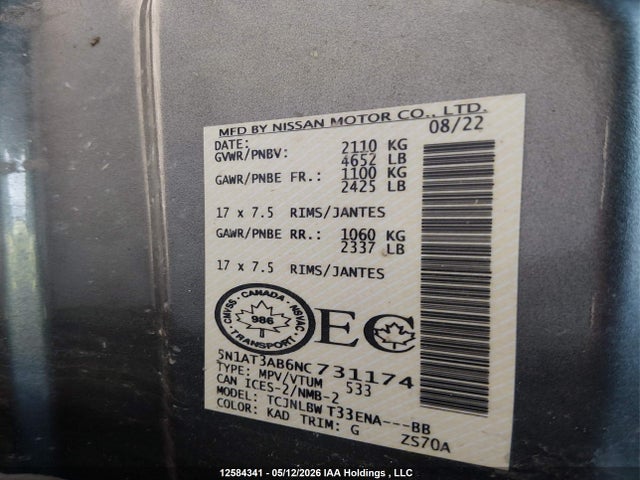 12584341 :رقم المزاد ، 5N1AT3AB6NC731174 vin ، 2022 Nissan Rogue مزاد بيع