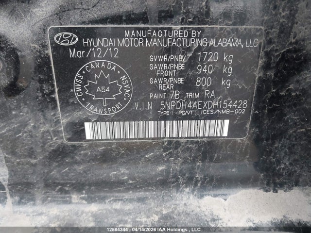 12584344 :رقم المزاد ، 5NPDH4AEXDH154428 vin ، 2013 Hyundai Elantra Gls/limited مزاد بيع