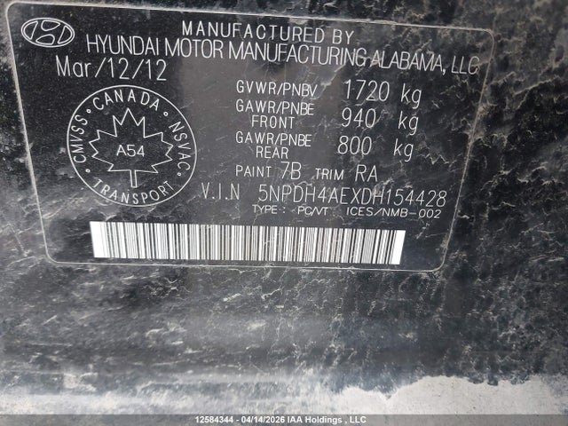 12584344 :رقم المزاد ، 5NPDH4AEXDH154428 vin ، 2013 Hyundai Elantra Gls/limited مزاد بيع