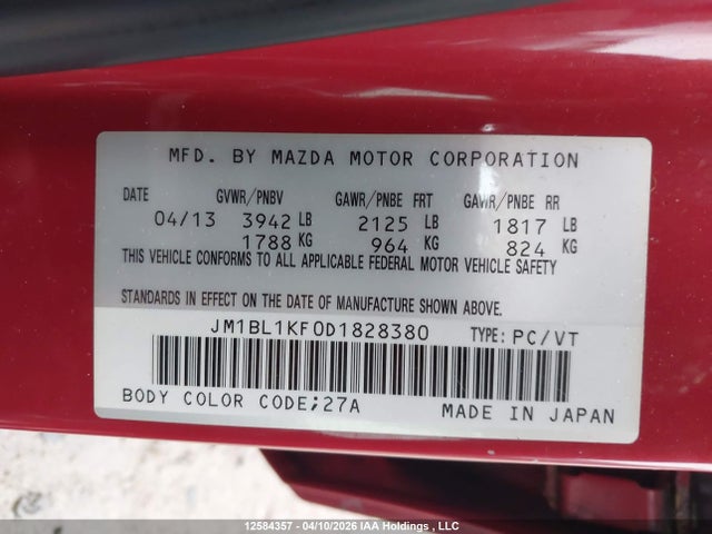 Aukcja sprzedaży 2013 Mazda 3 I, vin: JM1BL1KF0D1828380, numer aukcji: 12584357