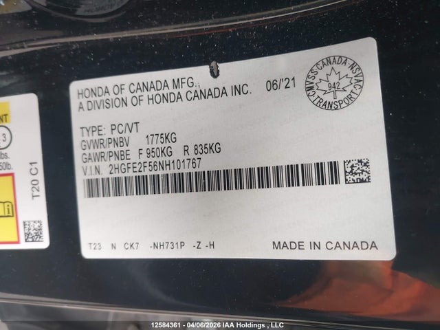 2HGFE2F56NH101767 Honda Civic