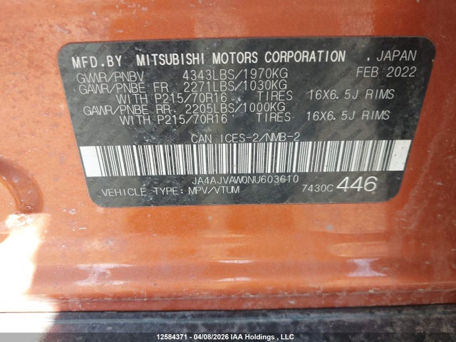 JA4AJVAW0NU603610 Mitsubishi Rvr Se/sel/le/gt