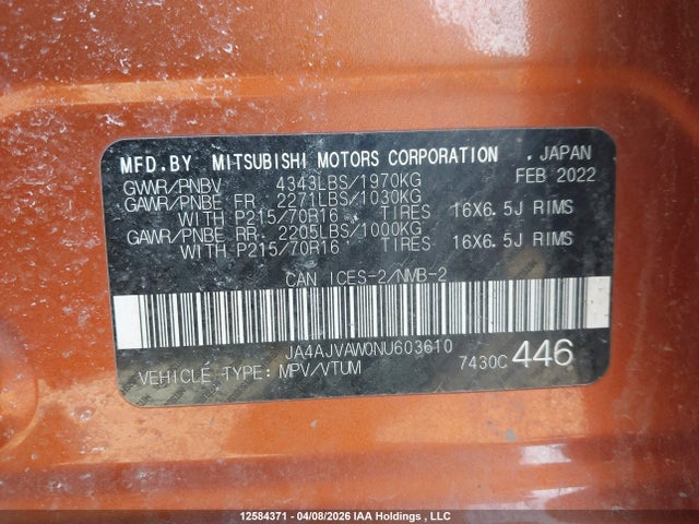 JA4AJVAW0NU603610 Mitsubishi Rvr Se/sel/le/gt