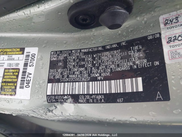 2009 Toyota Sienna Xle/xle Limited მანქანა იყიდება აუქციონზე, vin: 5TDZK22C59S236237, აუქციონის ნომერი: 12584391