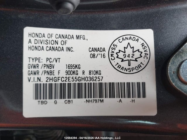 Aukcja sprzedaży 2016 Honda Civic, vin: 2HGFC2E55GH036257, numer aukcji: 12584394