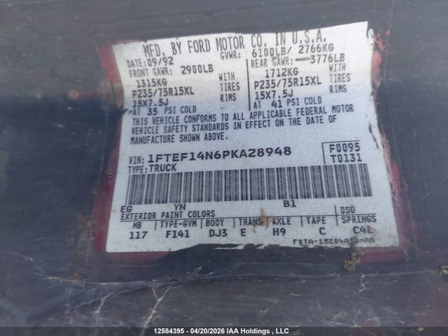 Продажа на аукционе авто 1993 Ford F150, vin: 1FTEF14N6PKA28948, номер лота: 12584395