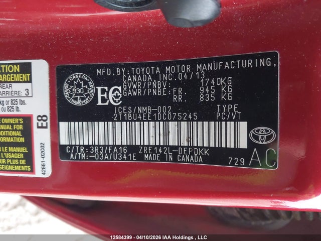 12584399 :رقم المزاد ، 2T1BU4EE1DC075245 vin ، 2013 Toyota Corolla مزاد بيع