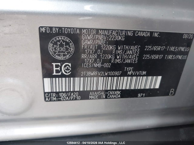 2020 Toyota Rav4 Hybrid Le მანქანა იყიდება აუქციონზე, vin: 2T3BWRFV2LW100907, აუქციონის ნომერი: 12584412