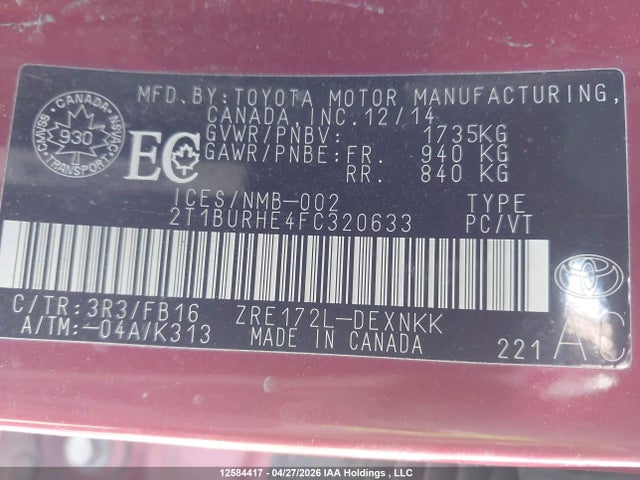 Aukcja sprzedaży 2015 Toyota Corolla L/le/le Pls/prm/s/s Pls, vin: 2T1BURHE4FC320633, numer aukcji: 12584417