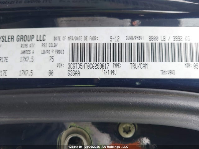 Продажа на аукционе авто 2012 Dodge Ram 2500 St, vin: 3C6TD5HT0CG299817, номер лота: 12584419