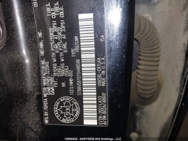 2007 Toyota Tundra Limited 5.7l V8 მანქანა იყიდება აუქციონზე, vin: 5TBBV58127S488596, აუქციონის ნომერი: 12584424
