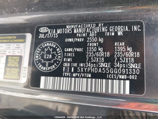 2016 Kia Sorento Ex მანქანა იყიდება აუქციონზე, vin: 5XYPHDA55GG091330, აუქციონის ნომერი: 12584429