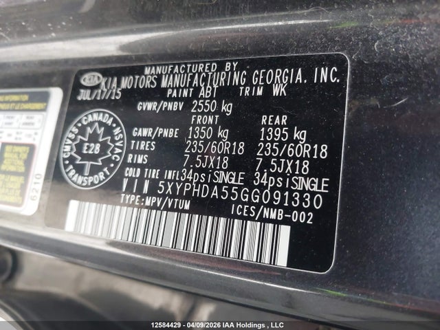 2016 Kia Sorento Ex მანქანა იყიდება აუქციონზე, vin: 5XYPHDA55GG091330, აუქციონის ნომერი: 12584429