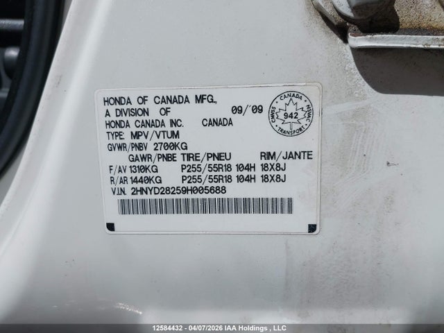 12584432 :رقم المزاد ، 2HNYD28259H005688 vin ، 2009 Acura Mdx مزاد بيع