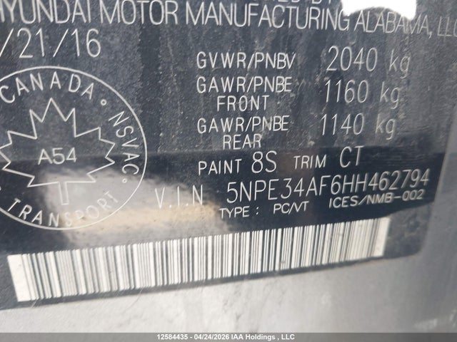 2017 Hyundai Sonata მანქანა იყიდება აუქციონზე, vin: 5NPE34AF6HH462794, აუქციონის ნომერი: 12584435