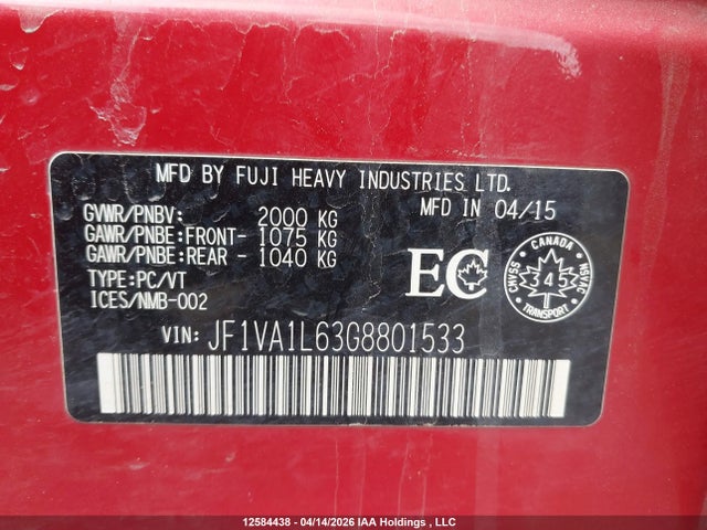 Aukcja sprzedaży 2016 Subaru Wrx, vin: JF1VA1L63G8801533, numer aukcji: 12584438