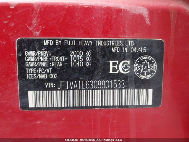 Aukcja sprzedaży 2016 Subaru Wrx, vin: JF1VA1L63G8801533, numer aukcji: 12584438