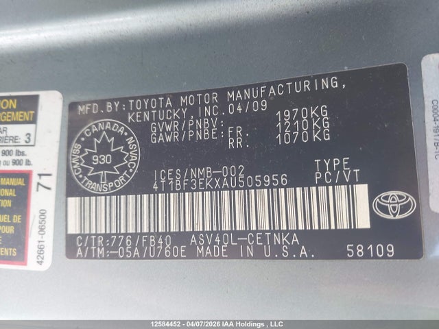2010 Toyota Camry Le მანქანა იყიდება აუქციონზე, vin: 4T1BF3EKXAU505956, აუქციონის ნომერი: 12584452