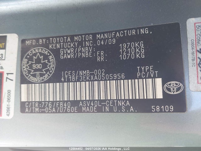 2010 Toyota Camry Le მანქანა იყიდება აუქციონზე, vin: 4T1BF3EKXAU505956, აუქციონის ნომერი: 12584452
