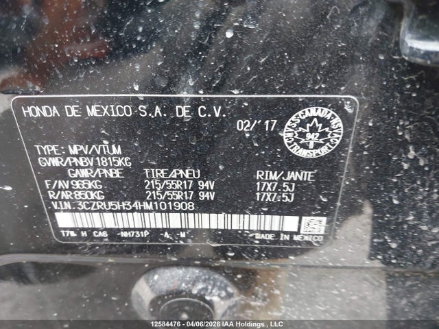 12584476 :رقم المزاد ، 3CZRU5H34HM101908 vin ، 2017 Honda Hr-v Lx مزاد بيع