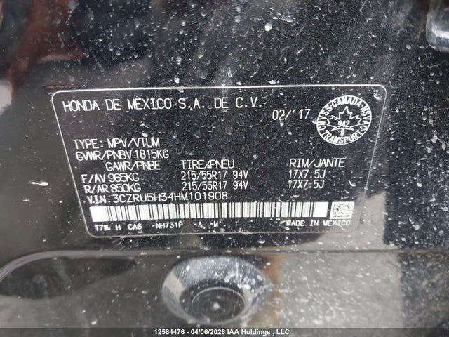 12584476 :رقم المزاد ، 3CZRU5H34HM101908 vin ، 2017 Honda Hr-v Lx مزاد بيع