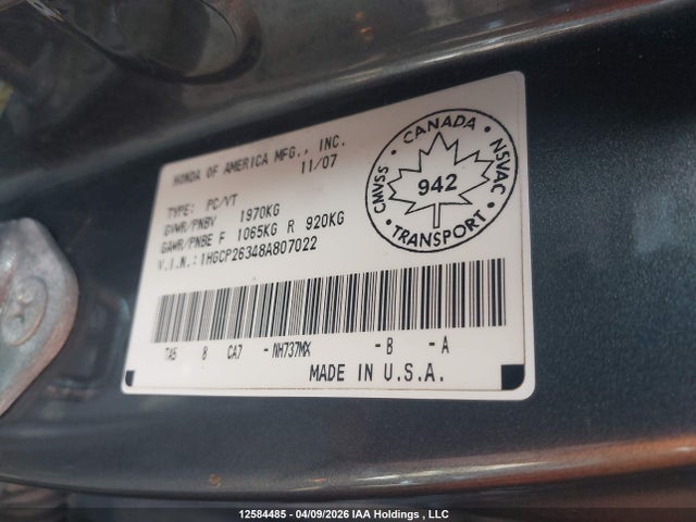 Aukcja sprzedaży 2008 Honda Accord Lx, vin: 1HGCP26348A807022, numer aukcji: 12584485