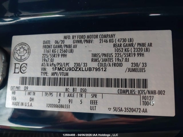 12584488 :رقم المزاد ، 1FMCU9DZXLUB79512 vin ، 2020 Ford Escape Titanium مزاد بيع