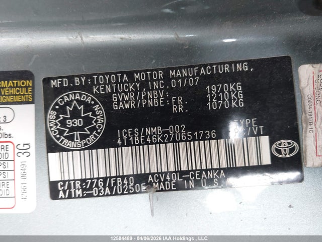 2007 Toyota Camry მანქანა იყიდება აუქციონზე, vin: 4T1BE46K27U651736, აუქციონის ნომერი: 12584489