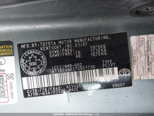 2007 Toyota Camry მანქანა იყიდება აუქციონზე, vin: 4T1BE46K27U651736, აუქციონის ნომერი: 12584489