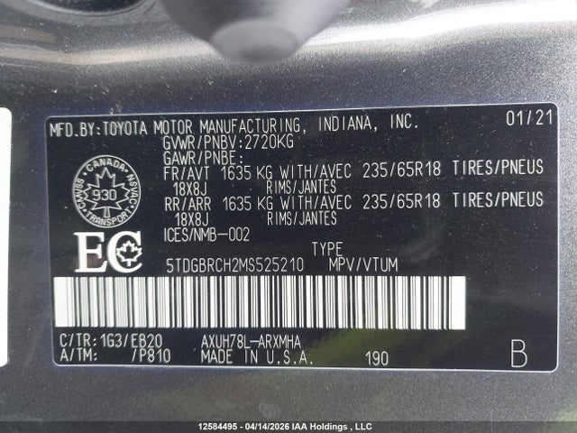 12584495 :رقم المزاد ، 5TDGBRCH2MS525210 vin ، 2021 Toyota Highlander Hybrid Hybrid مزاد بيع